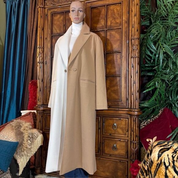 Steve Madden Camel Ivory Colorblock Two Button Maxi Coat - Picture 2 of 13